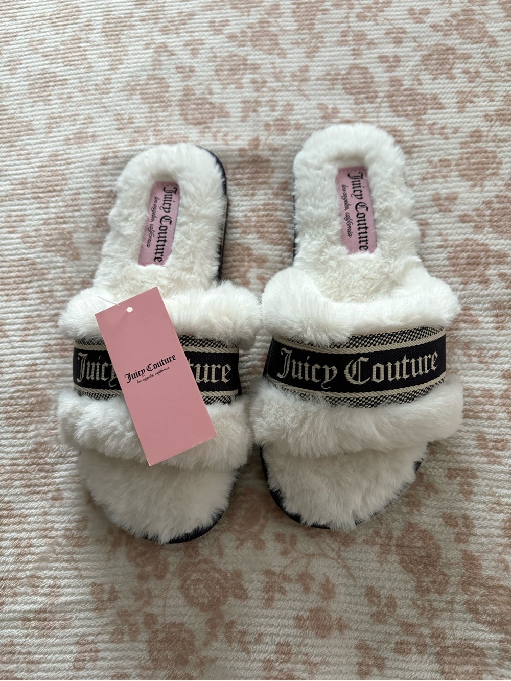 Juicy Couture Cream Furry Slide Slippers with Black Logo Strap